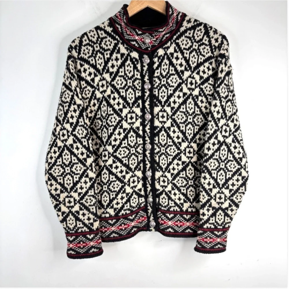 VTG LL Bean Wool Fair Isle Cardigan S Nordic Black Cream Red Cottage Made in USA
